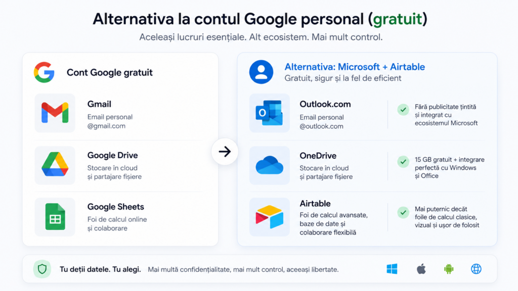 Comparație între contul Google gratuit (Gmail, Drive, Sheets) și alternativa Microsoft plus Airtable