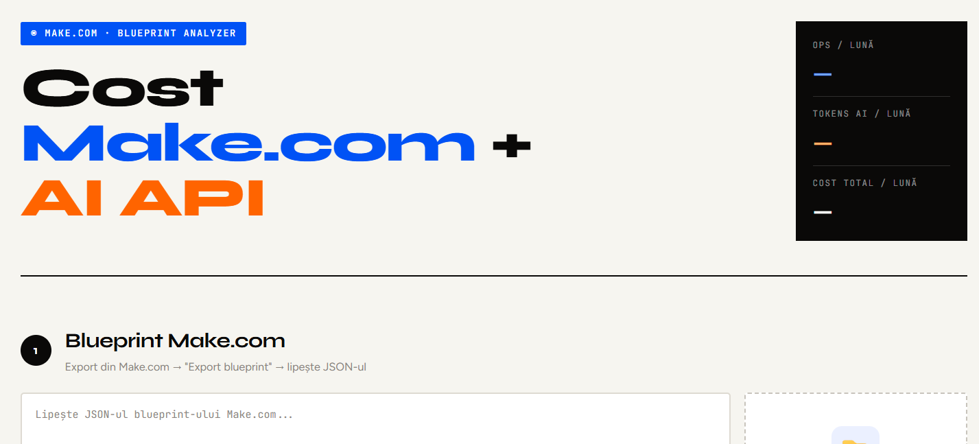 Calculator de cost pentru consumul de tokeni AI dintr-un scenariu Make.com