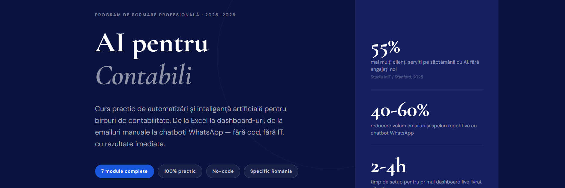 Coperta cursului „AI pentru Contabili”, cu cele trei cifre-reper ale programului de formare