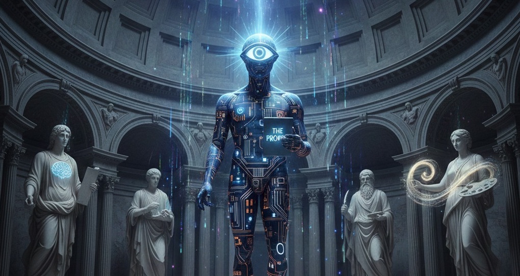 Robot cu un singur ochi luminos, într-un templu antic cu statui de filozofi — promptul ca vrajă modernă