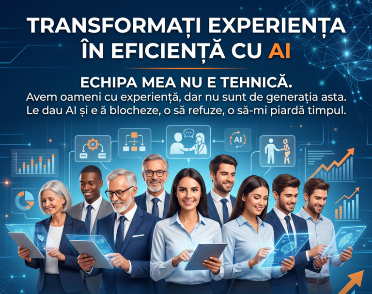 Echipă de birou cu tablete în mână, sub titlul „transformați experiența în eficiență cu AI”