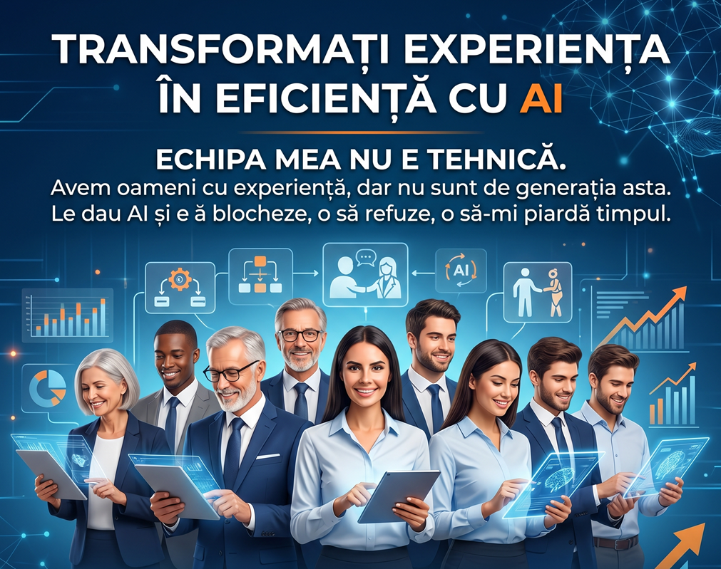 Echipă de birou cu tablete în mână, sub titlul „transformați experiența în eficiență cu AI”