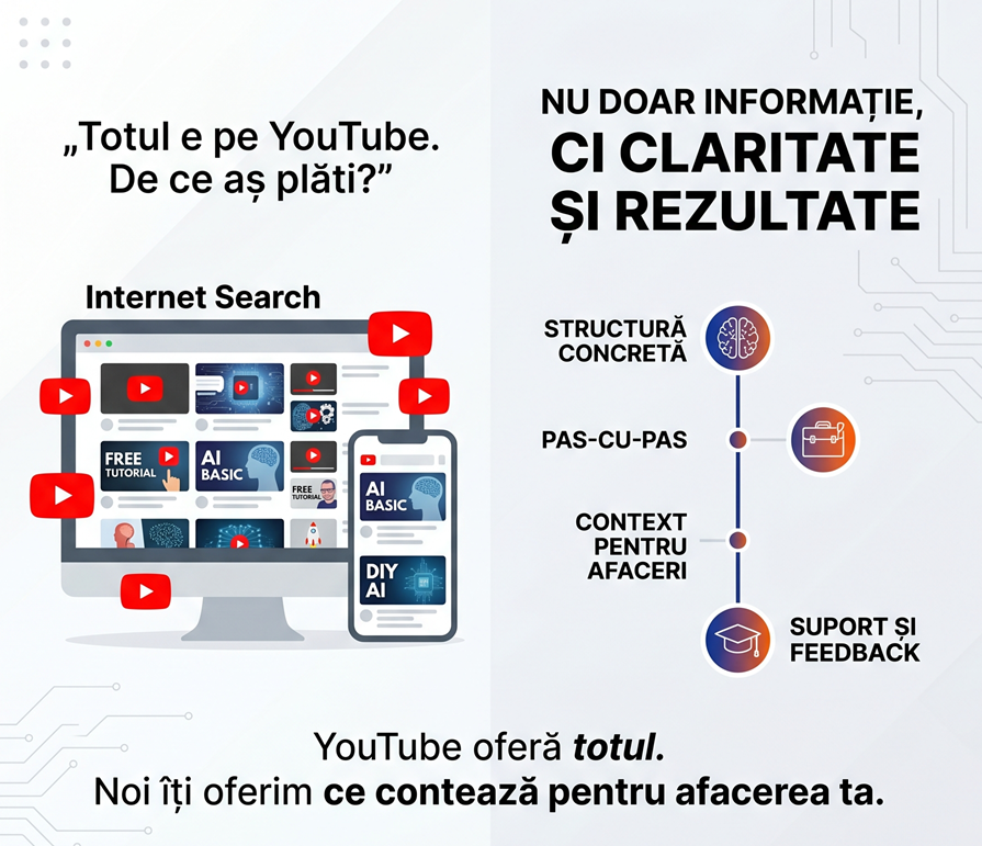 Comparație: rezultate YouTube despre AI, față de un traseu cu structură, pas cu pas, context și suport