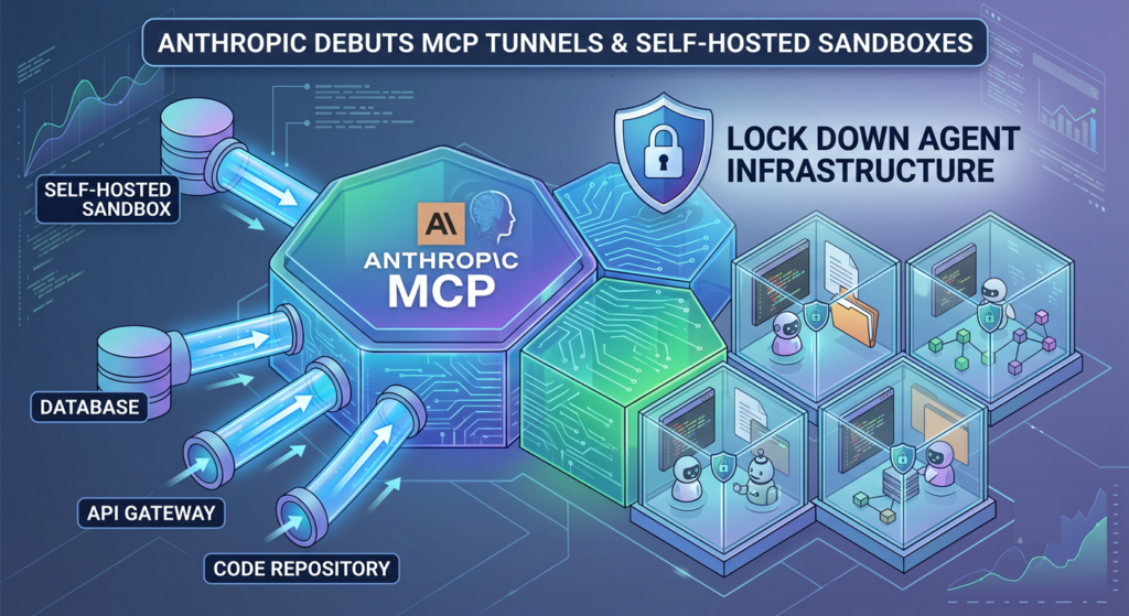Schemă cu tuneluri MCP care leagă baza de date, API-ul și codul firmei de agenți AI izolați în sandbox