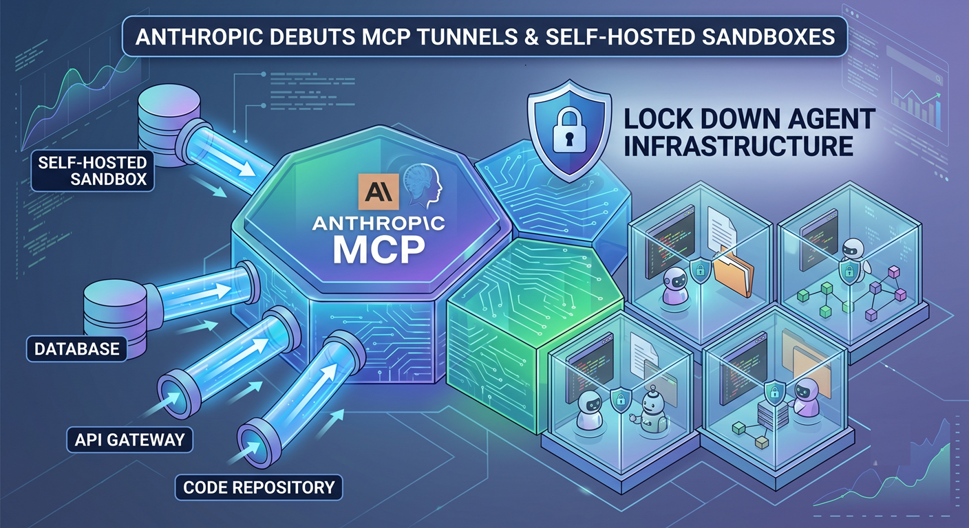Schemă cu tuneluri MCP care leagă baza de date, API-ul și codul firmei de agenți AI izolați în sandbox
