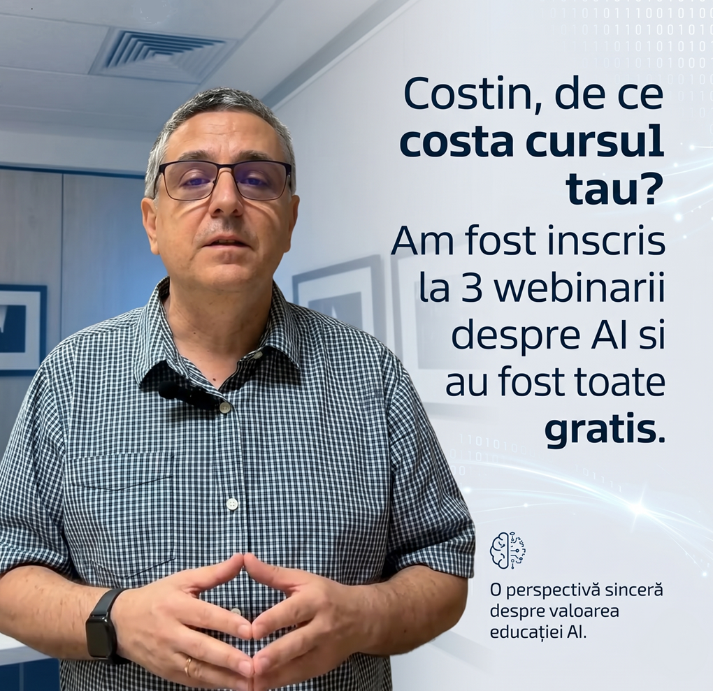 Costin Pietraru în fața camerei, lângă întrebarea unui cursant despre prețul cursului de AI