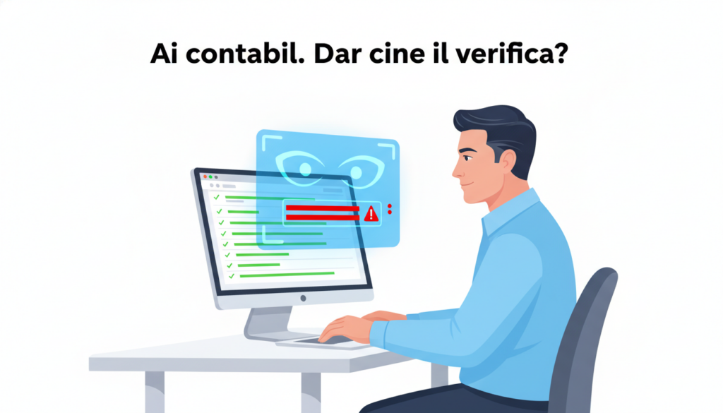 Un om la calculator se uită la o listă cu bife verzi și o alertă roșie, sub întrebarea „dar cine îl verifică?”