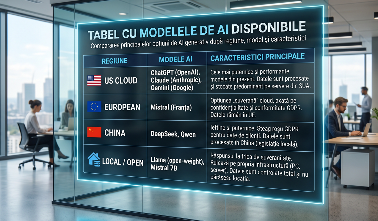Tabel cu modelele AI disponibile pe regiuni: cloud american, european, chinezesc și rulare locală