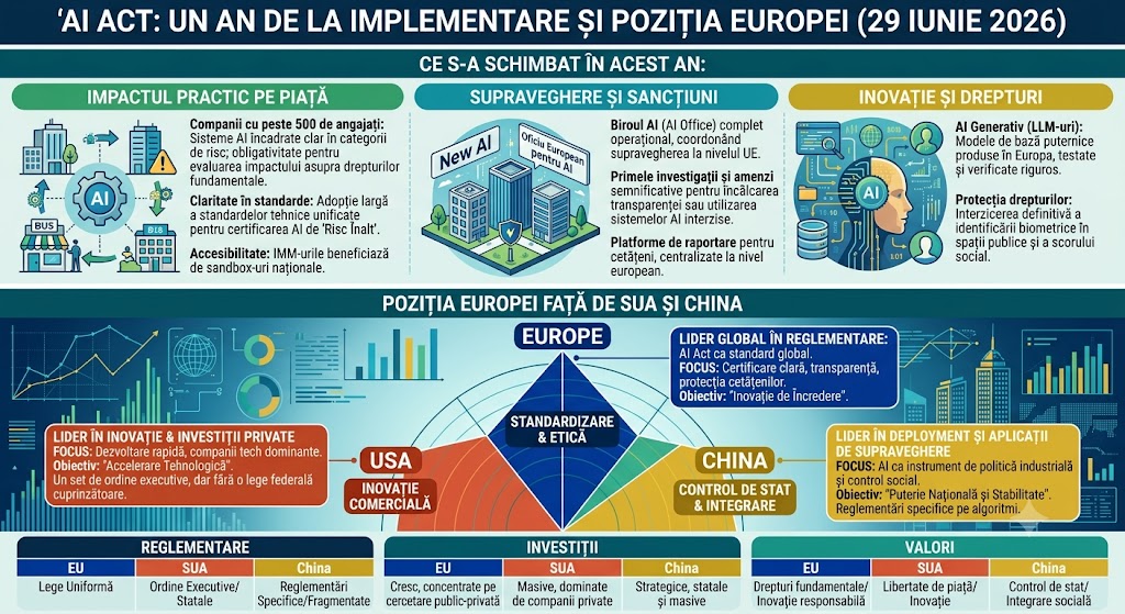 Infografic despre AI Act la un an: impact pe piață, supraveghere, inovație și poziția Europei față de SUA și China