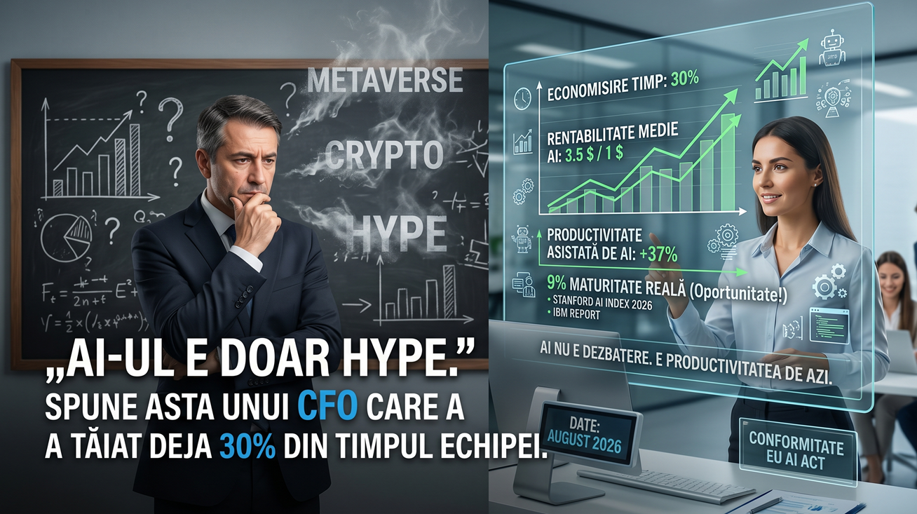În stânga, tablă cu „metaverse, crypto, hype”; în dreapta, ecran cu 30% timp economisit și +37% productivitate