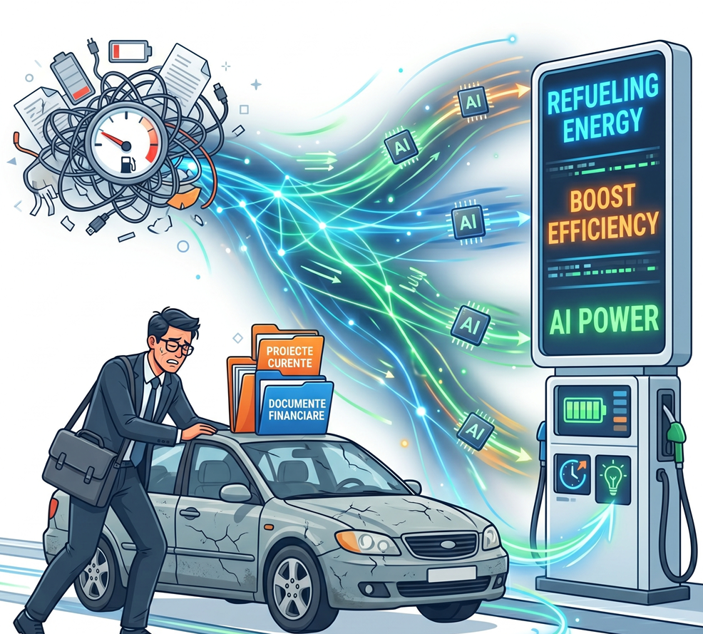 Un om împinge o mașină veche și crăpată spre o stație de încărcare cu energie AI