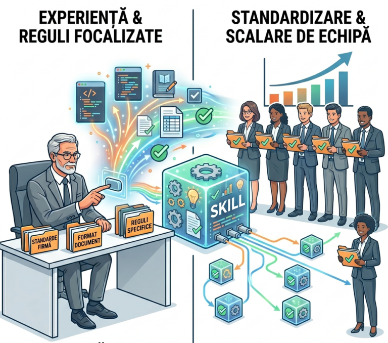 Experiența și regulile firmei intră într-un „skill”, care se distribuie apoi întregii echipe