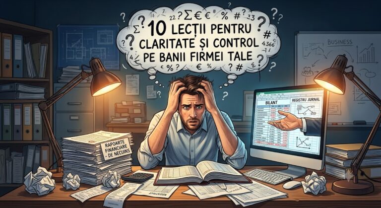 Antreprenor copleșit la birou, între teancuri de rapoarte financiare și ecranul cu bilanțul