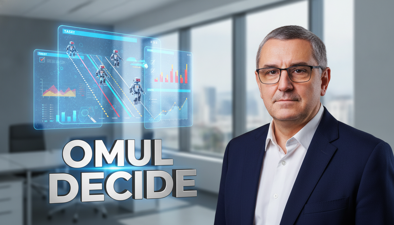 Costin Pietraru, în sacou bleumarin, într-un birou luminos, lângă panouri holografice pe care roboți mici lucrează pe linii paralele; text mare: OMUL DECIDE