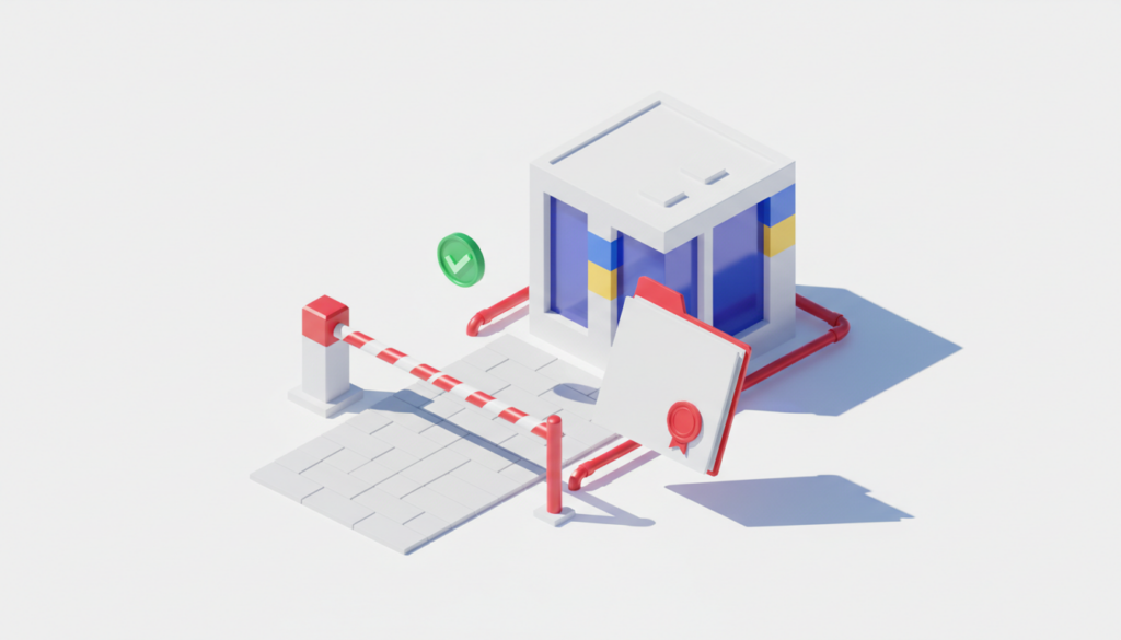 Ilustrație 3D: o poartă/barieră închisă în fața unui dosar de firmă, cu un semn roșu de avertizare și o bifă verde — cazierul fiscal care blochează calitatea de administrator.