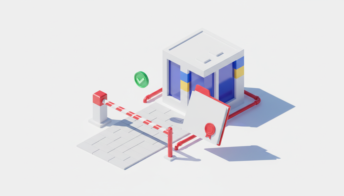Ilustrație 3D: o poartă/barieră închisă în fața unui dosar de firmă, cu un semn roșu de avertizare și o bifă verde — cazierul fiscal care blochează calitatea de administrator.