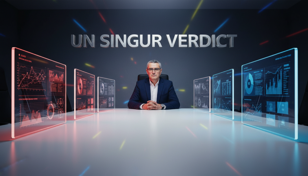 Costin Pietraru stă la capul unei mese lungi de consiliu; de o parte și de alta, șase ecrane holografice față în față — trei roșii și trei albastre — cu argumente diferite; text mare: UN SINGUR VERDICT