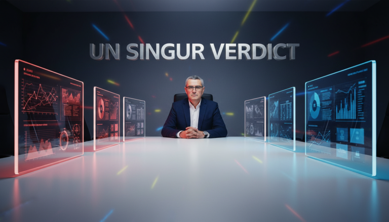 Costin Pietraru stă la capul unei mese lungi de consiliu; de o parte și de alta, șase ecrane holografice față în față — trei roșii și trei albastre — cu argumente diferite; text mare: UN SINGUR VERDICT