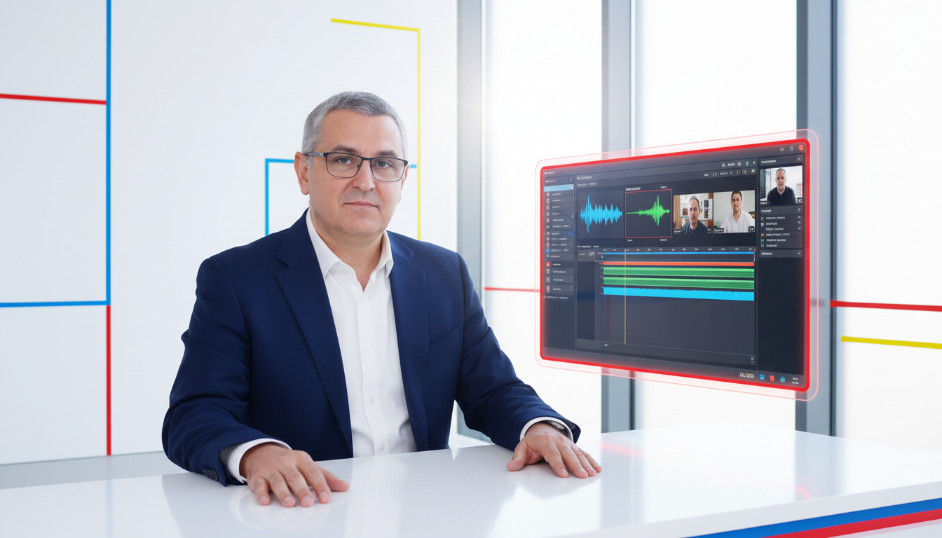 Costin Pietraru la birou, langa un ecran holografic cu timeline de montaj video si forme de unda audio
