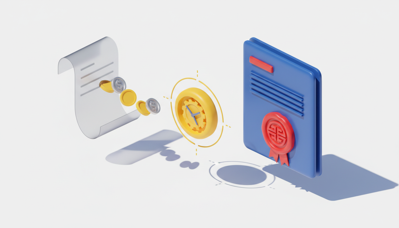 Ilustrație 3D: o hârtie transparentă de proformă din care curg monede spre un document oficial albastru cu sigiliu roșu, iar între ele un ceas galben — termenul care pornește după încasare.