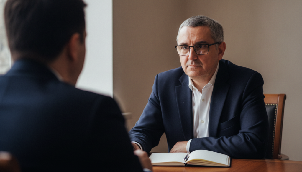 Costin Pietraru ascultă, aplecat ușor înainte, la o masă de întâlnire; în prim-plan, din spate și neclar, persoana care vorbește; pe masă, un caiet deschis și un pix