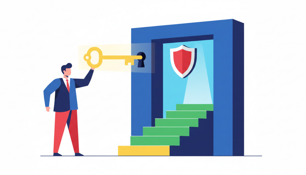 Ilustrație: o firmă își deschide accesul în SPV cu un certificat digital-cheie, urcând pașii înregistrării spre poarta securizată ANAF.