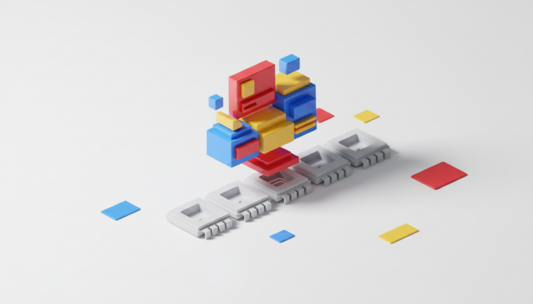 Ilustrație 3D: cipuri gri identice și interschimbabile la bază, cu un strat colorat de aplicație construit deasupra — modelele AI devin marfă, valoarea rămâne la ce construiești peste ele.