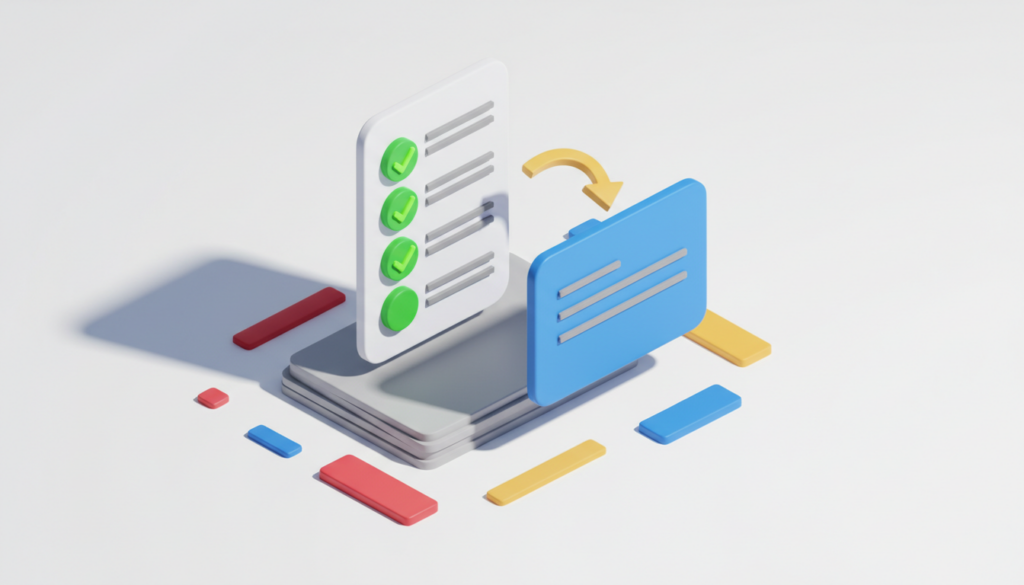 Ilustrație 3D izometrică: o listă de verificare cu bife verzi se ridică dintr-un teanc de hârtii, iar o săgeată galbenă duce spre un document albastru