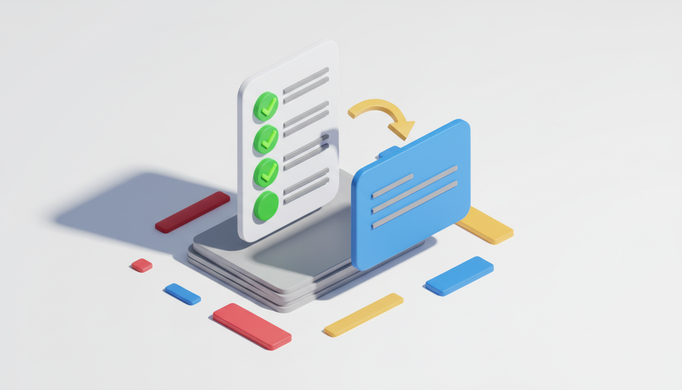 Ilustrație 3D izometrică: o listă de verificare cu bife verzi se ridică dintr-un teanc de hârtii, iar o săgeată galbenă duce spre un document albastru