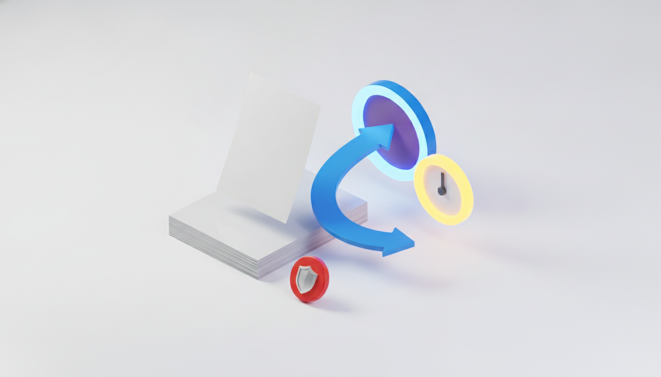 Ilustrație 3D izometrică: o factură se ridică dintr-un teanc de hârtii și intră printr-o poartă digitală, alături de un ceas galben