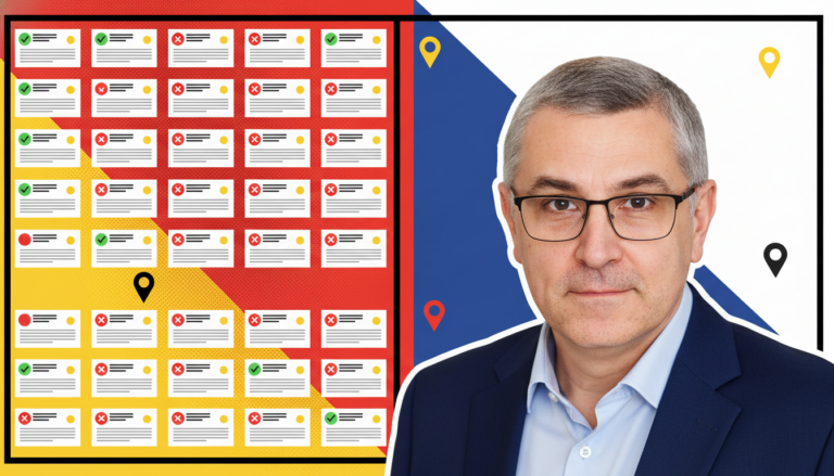 Poster grafic: o grilă de fișe de firmă marcate cu bife verzi și X-uri roșii, peste blocuri de culoare roșu și galben, cu pini de hartă; în dreapta, Costin Pietraru decupat pe fundal albastru