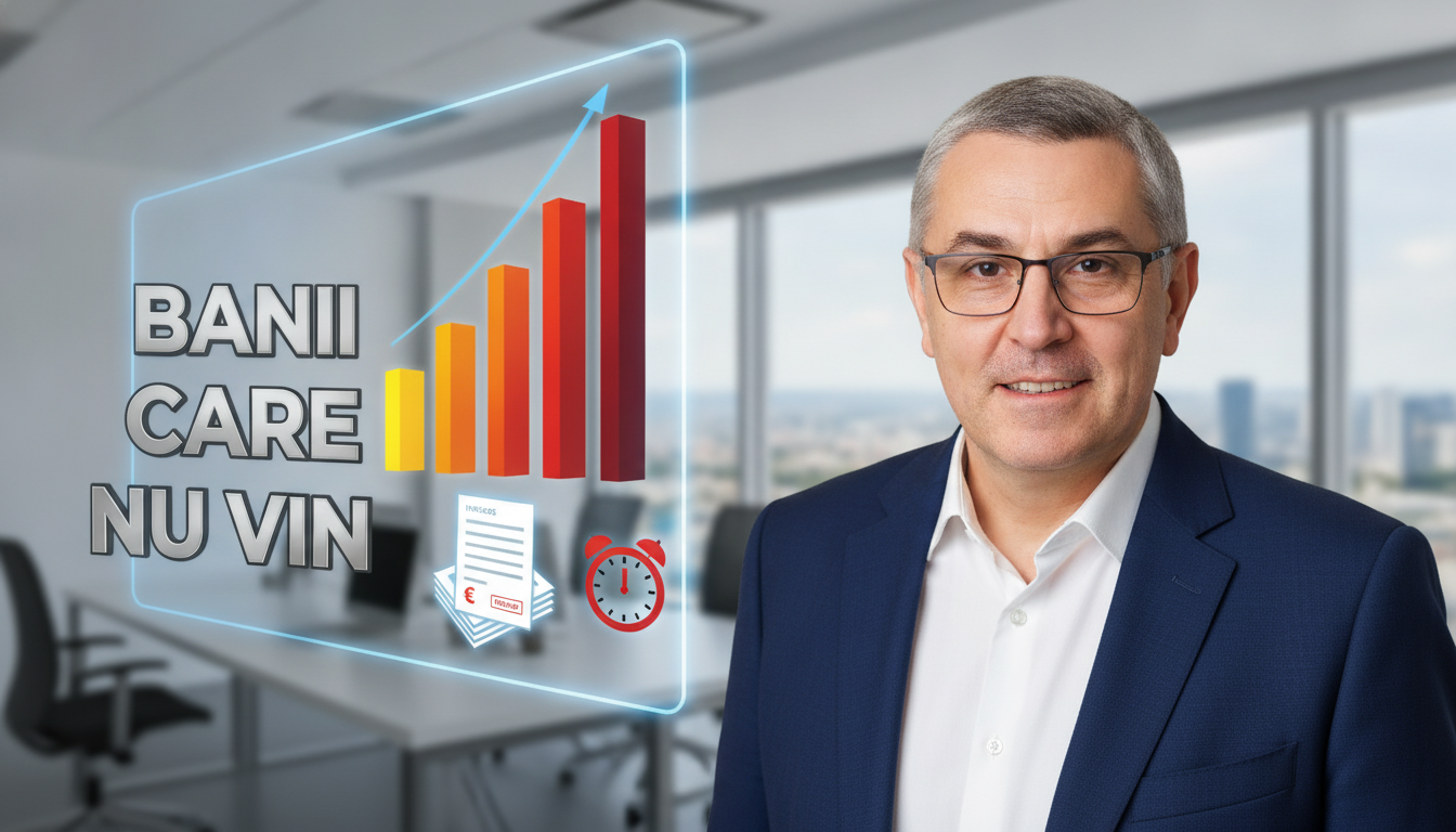 Costin Pietraru, în sacou bleumarin, într-un birou luminos, lângă un panou cu graficul facturilor neîncasate pe vechime — bare de la galben la roșu, facturi și un ceas; text mare: BANII CARE NU VIN