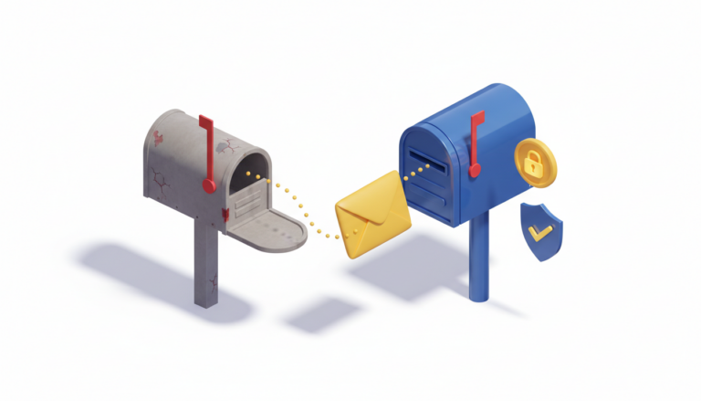 Ilustrație 3D izometrică: un plic galben zboară dintr-o cutie poștală veche, ruginită, către una nouă, albastră, lângă care plutesc un sigiliu auriu cu lacăt și un scut cu bifă.
