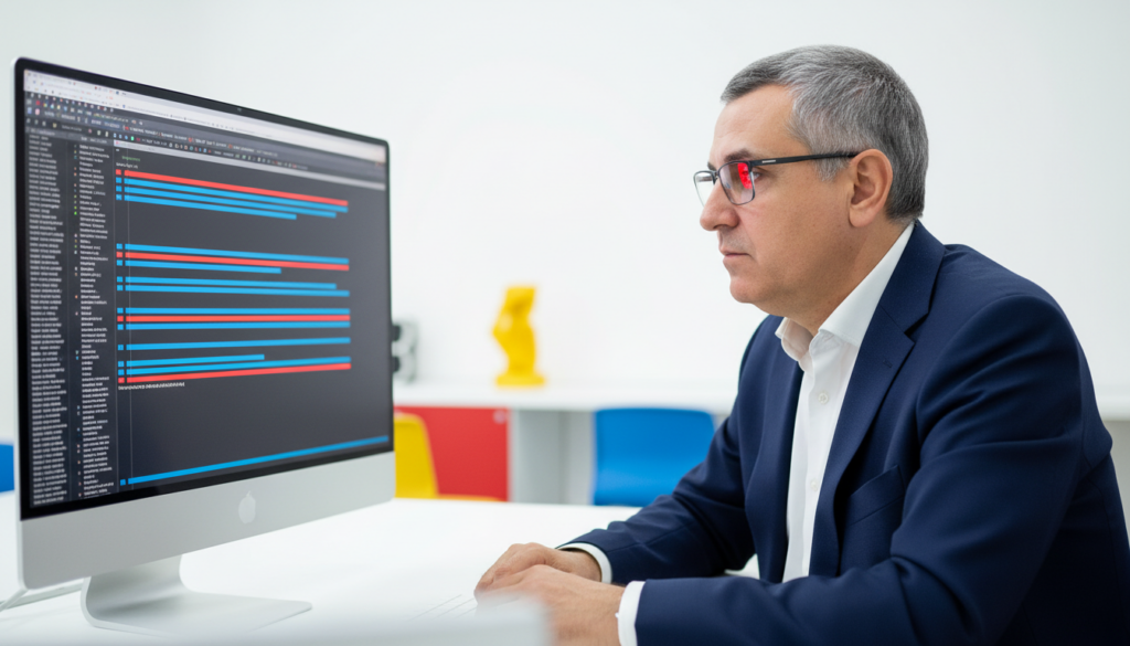 Costin Pietraru la birou, privind un monitor cu linii de log de server: printre rândurile albastre, câteva rânduri roșii marchează cererile respinse cu eroarea 403.