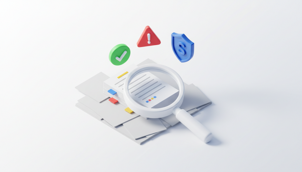 Ilustrație 3D: o lupă inspectează un teanc de facturi, cu un semn verde de bifă și un steag roșu de avertizare — verificarea furnizorului în registrul TVA la încasare.
