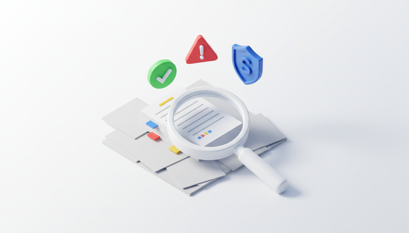 Ilustrație 3D: o lupă inspectează un teanc de facturi, cu un semn verde de bifă și un steag roșu de avertizare — verificarea furnizorului în registrul TVA la încasare.