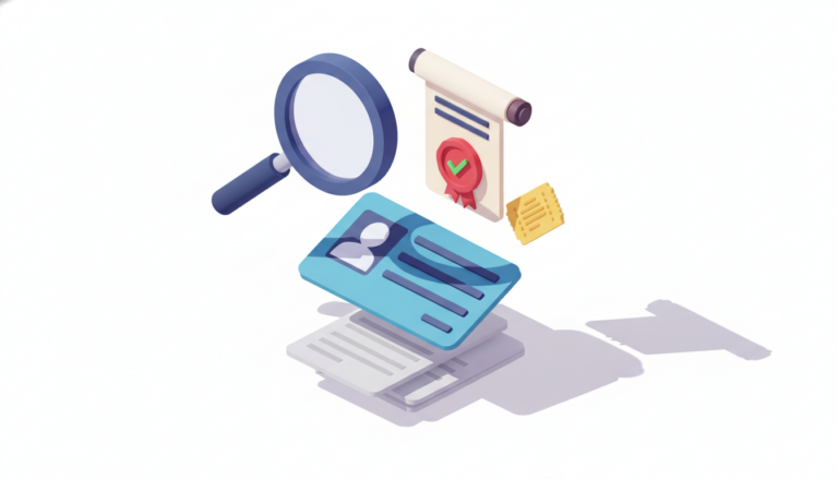 Ilustrație 3D izometrică: o lupă trece peste un card albastru de identificare, iar din el iese un certificat cu sigiliu roșu — dovada verificării
