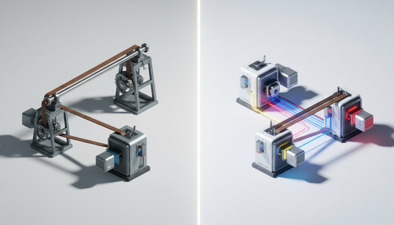 Doua masini vechi legate printr-o curea la un arbore comun de transmisie stins, langa doua masini cu motor electric propriu, luminos, ilustrand electrificarea fabricilor si analogia cu AI-ul
