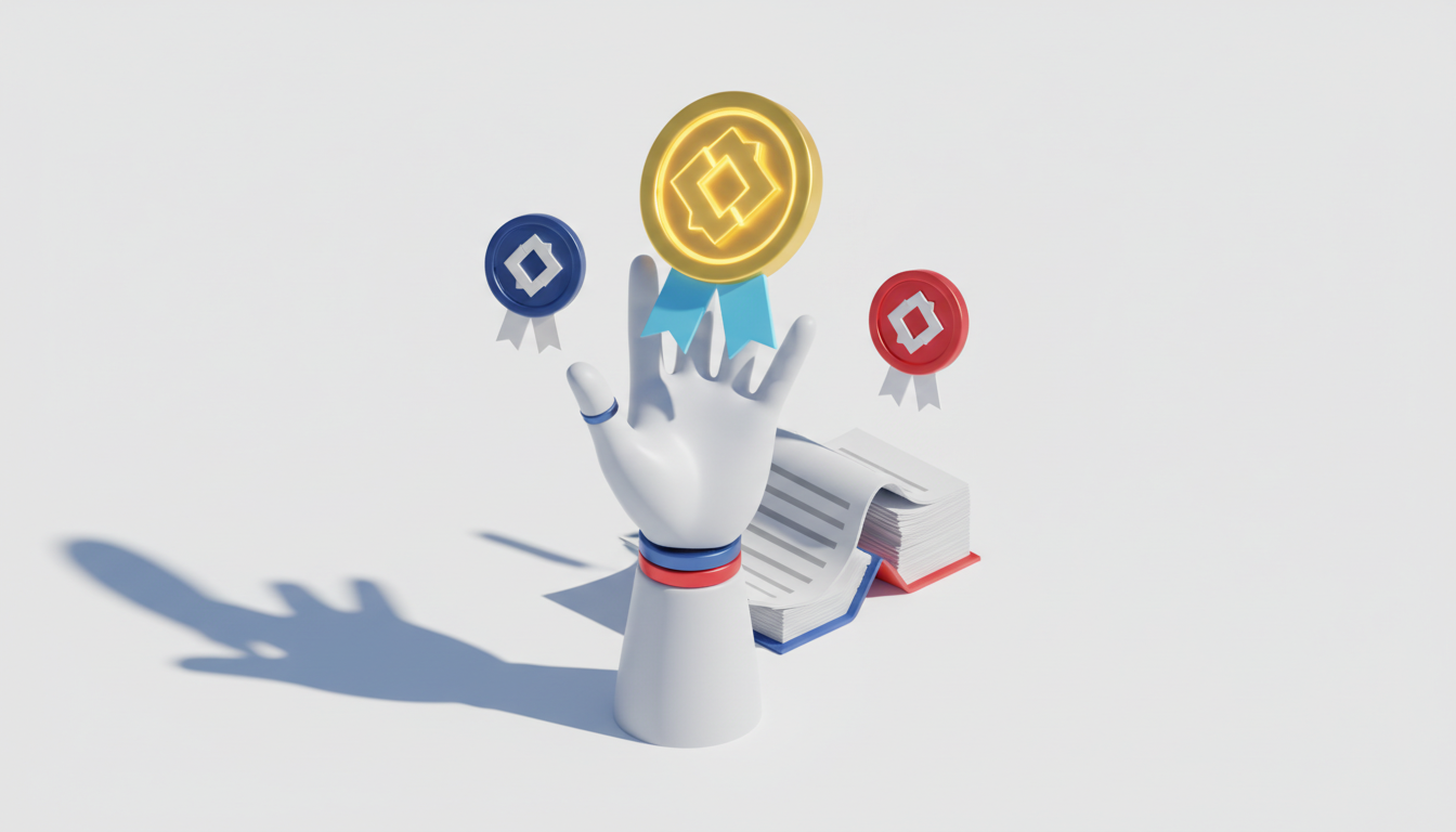 Trei insigne digitale așezate pe o treaptă în urcare, pe fundal alb cu accente albastru, roșu și galben — certificările AI gratuite