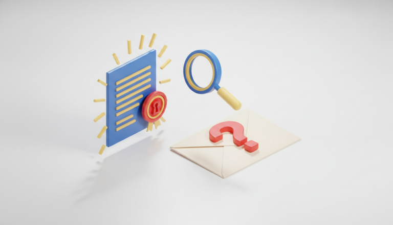 Document sigilat digital comparat cu un plic cu semn de întrebare, sub o lupă, ilustrație 3D