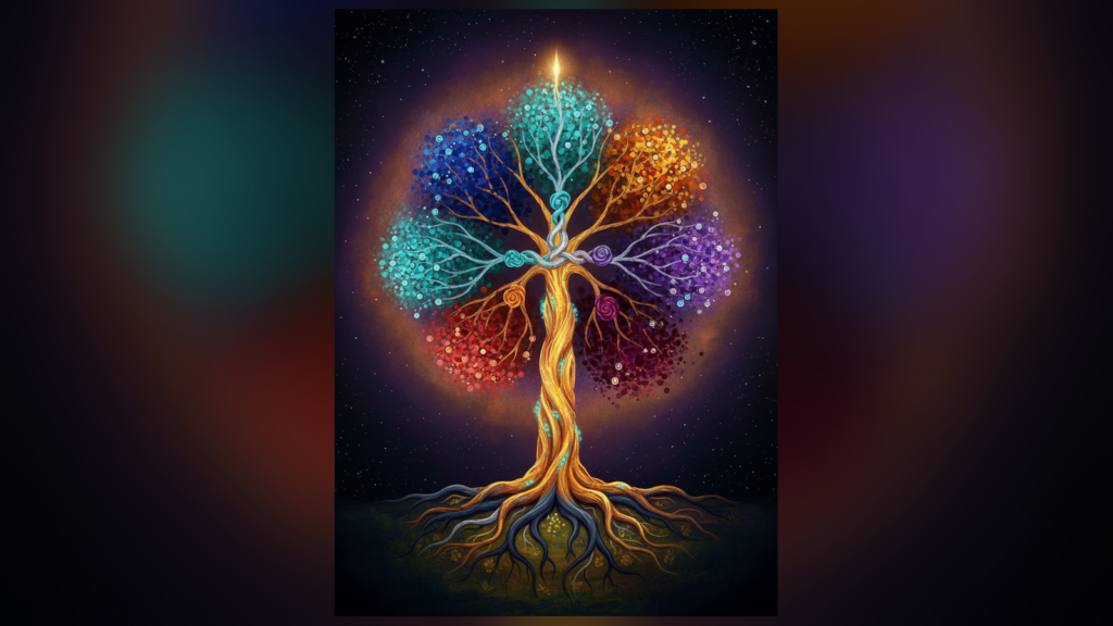 Copacul Vieții pictat din harta astrală reală: trunchi auriu, coroană în turcoaz, safir, violet și roșu, pe fundal cosmic înstelat