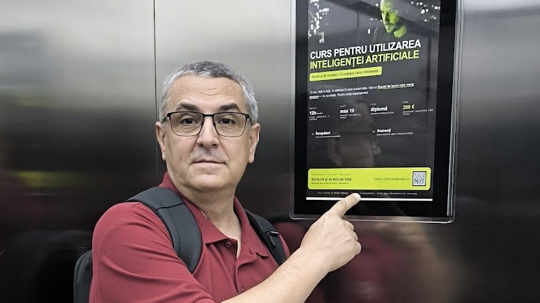Costin Pietraru arătând spre afișul propriului curs de utilizare a inteligenței artificiale, într-un lift