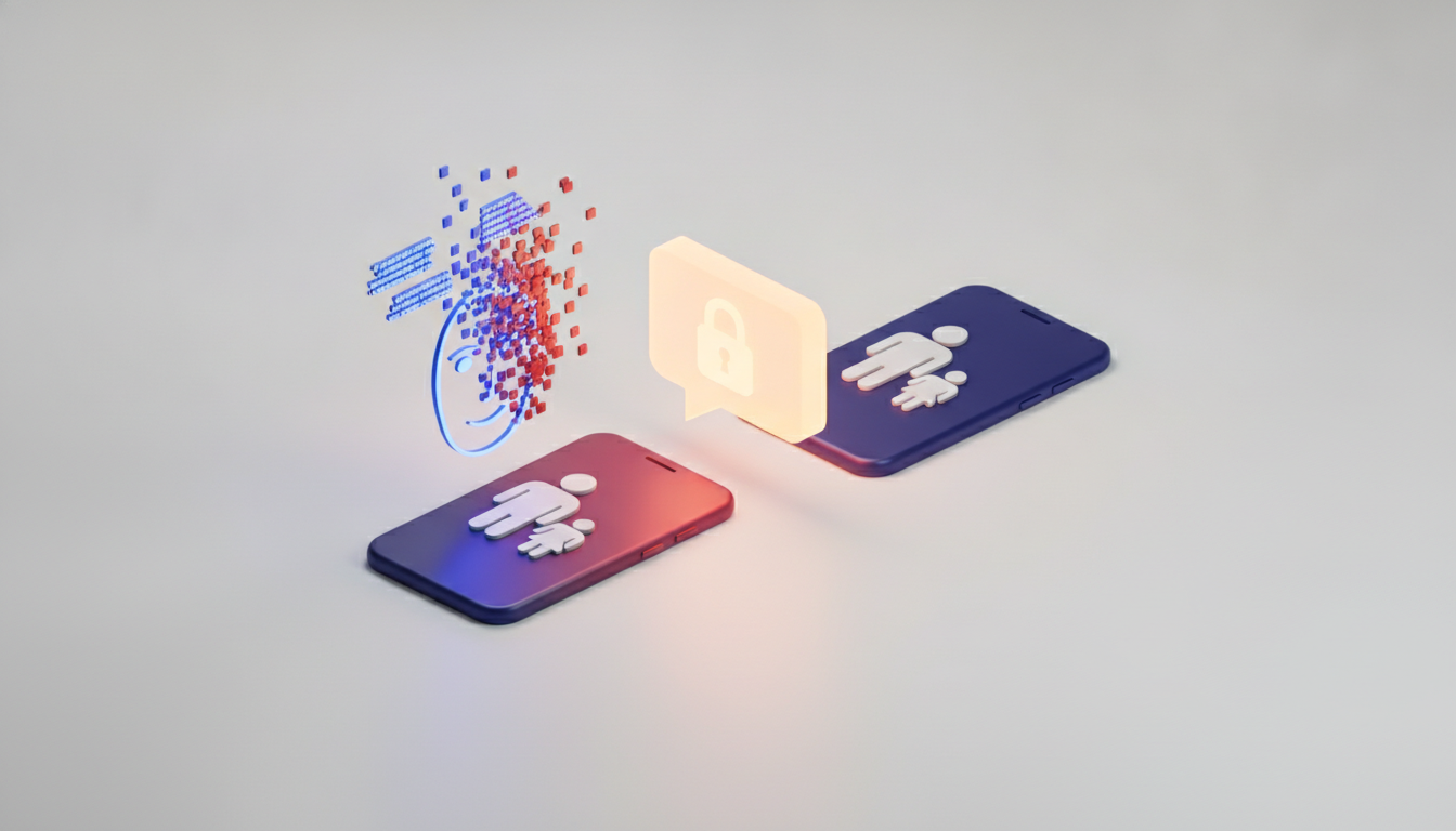 Ilustrație 3D izometrică: două telefoane cu siluete de familie conectate printr-un lacăt luminos, în timp ce o față digitală albastră se dizolvă în pixeli, simbolizând un deepfake care se destramă