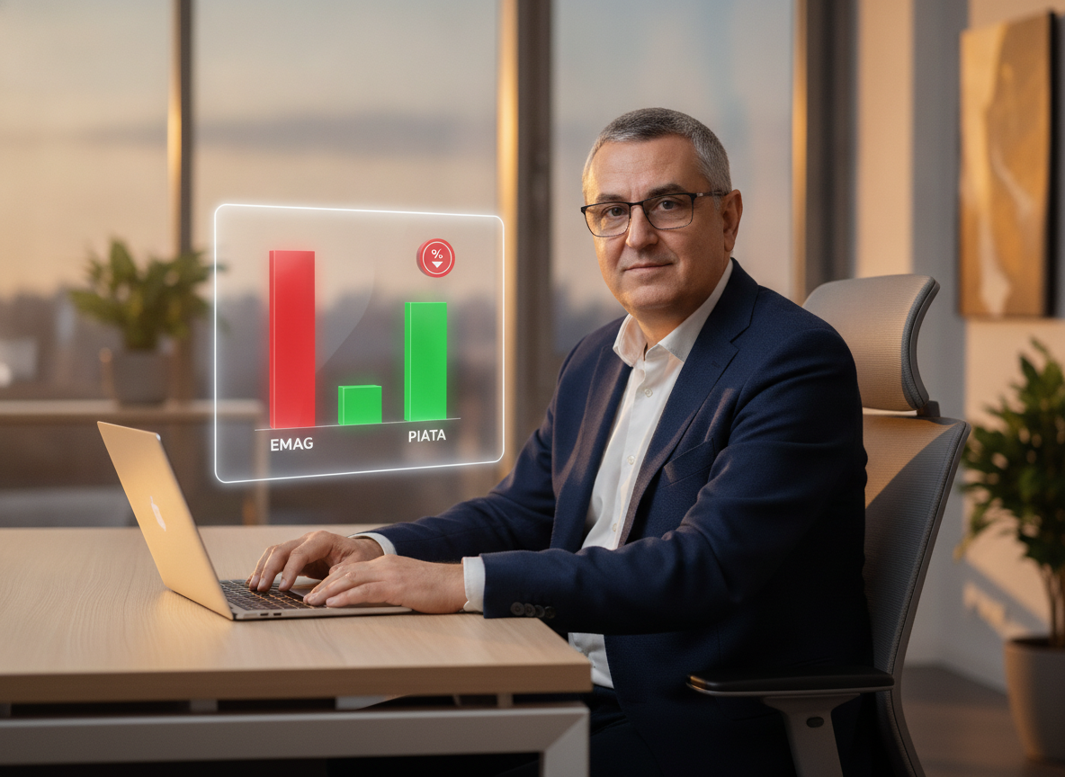 Costin Pietraru la birou, seara, lucrând la laptop; deasupra laptopului plutește un panou holografic cu un grafic de comparație de prețuri, bare roșii și verzi, eMAG vs piață