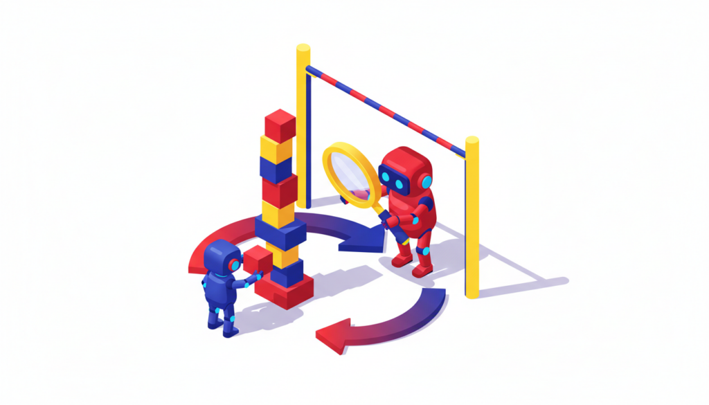 Ilustrație 3D izometrică: un robot constructor ridică o structură colorată, un al doilea robot o inspectează cu lupa, iar deasupra o ștachetă înaltă arată standardul de atins