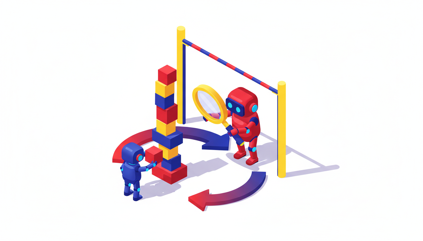 Ilustrație 3D izometrică: un robot constructor ridică o structură colorată, un al doilea robot o inspectează cu lupa, iar deasupra o ștachetă înaltă arată standardul de atins