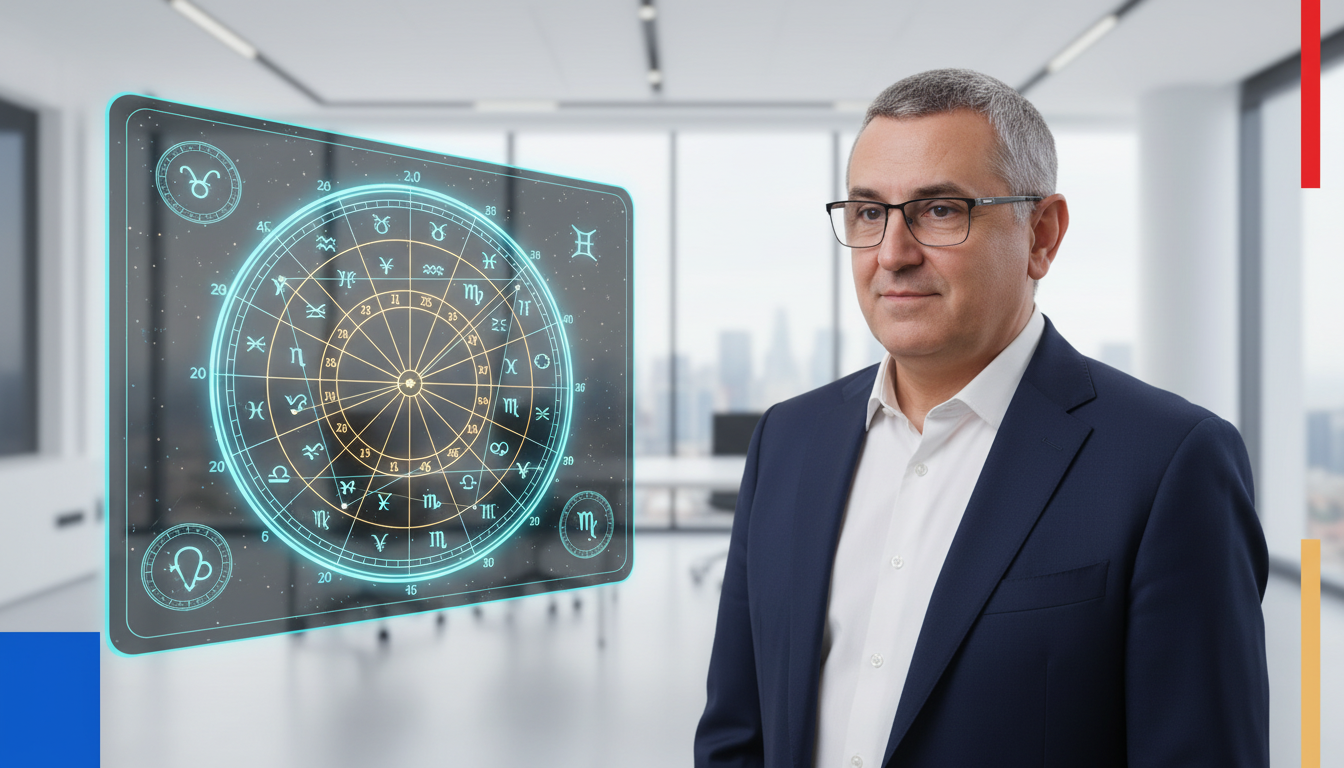 Costin Pietraru langa o holograma cu roata zodiacala, ca simbol al reconstruirii unui skill AI de harta natala din calcul astronomic real