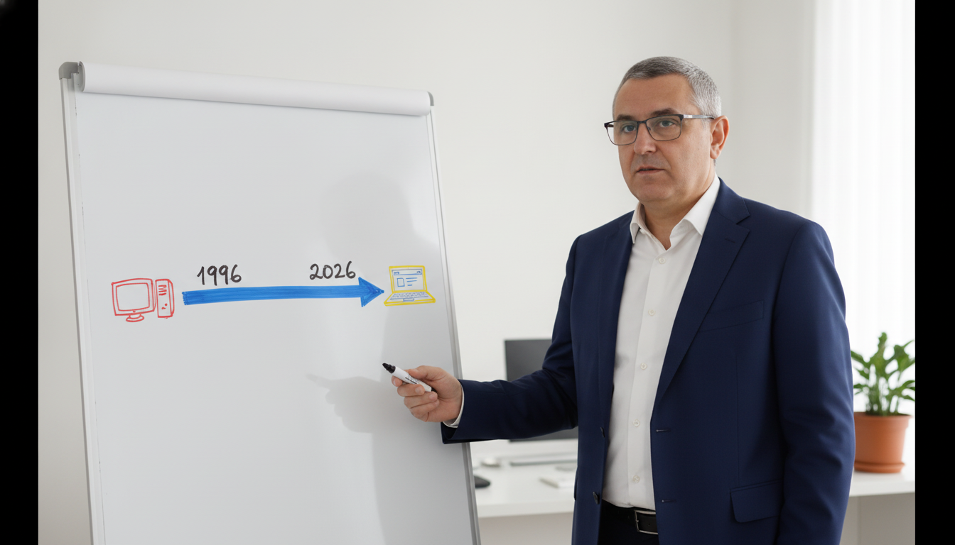 Fotografie: Costin Pietraru, în sacou bleumarin, stă lângă un flipchart alb pe care sunt desenate cu markerul un monitor CRT vechi, o săgeată albastră groasă și un laptop modern, cu anii 1996 și 2026 scrise deasupra săgeții