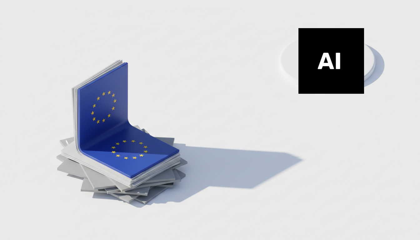 Iconiță oficială UE de marcare a conținutului generat cu AI, lângă un document text