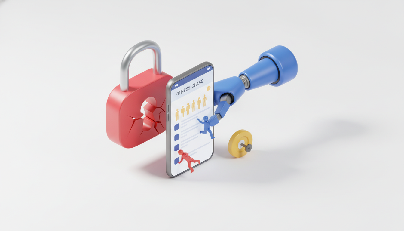 Ilustrație 3D izometrică: un braț robotic albastru rupe un lacăt roșu și modifică o listă de așteptare la o clasă de fitness afișată pe un telefon, o siluetă albastră urcă pe listă în timp ce o siluetă roșie cade de pe ea, lângă o gantera galbenă